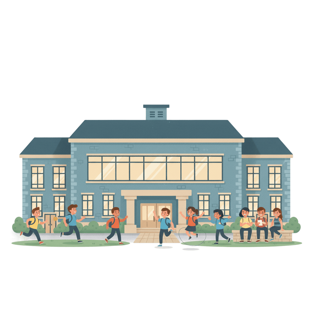 School building with students in front